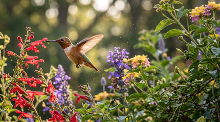 Fototapeta premium Hummingbird Feeding Among Colorful Flowers in a Natural Garden Habitat