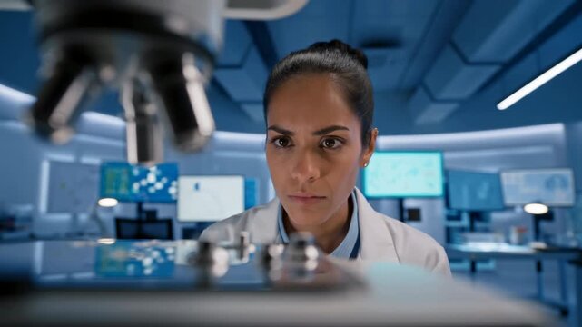 Woman in white lab coat observes microscope as focus shifts from metal objective lenses to her concentrated face inside blue-lit laboratory with monitor screens nearby
