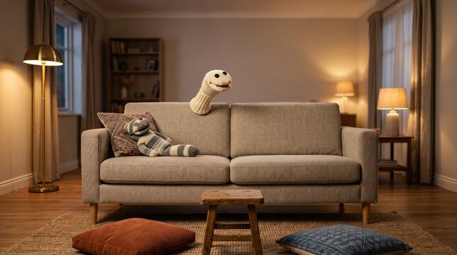 Sock puppets performing on cozy living room couch during evening children party featuring handmade knitted toys in warm indoor lighting with wooden stools and scatter pillows.