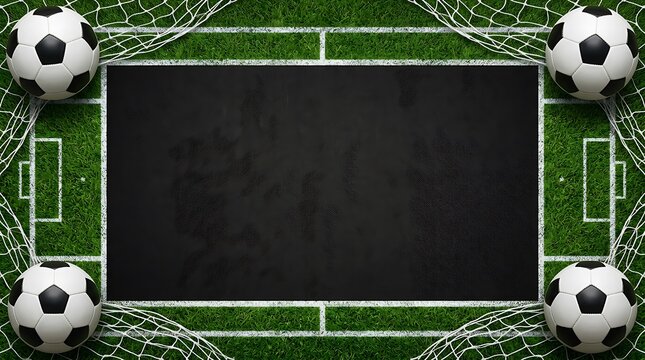 Soccer field background with four balls and empty black center for