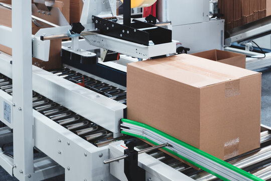 Elements of corton boxes collected in stack. Conveyor line for production of boxes. Machine cuts cardboard boxes from sheets of cardboard. Enterprise for production package.