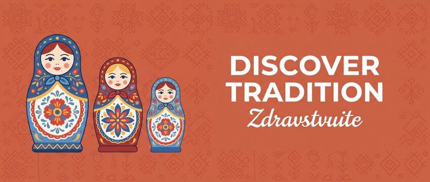 Russian matryoshka nesting dolls vector banner featuring traditional folk art floral pattern with text discover tradition for travel web banner, cultural heritage greeting and souvenir design concept