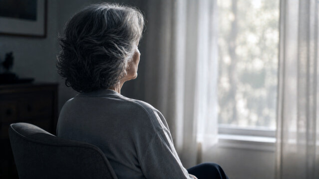 Senior woman with gray hair sitting alone by a window at home in a quiet reflective moment