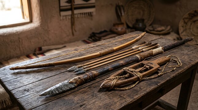 Traditional hunting tools display on wood table showing primitive bow spear and arrows for indigenous peoples day heritage and ancient survival history concept