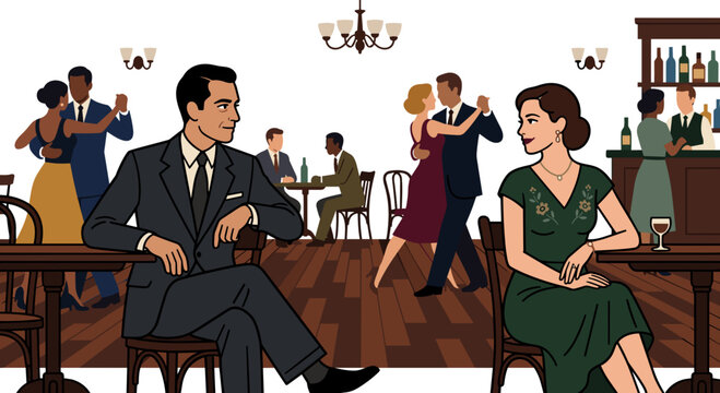 Elegant man and woman exchanging a traditional cabeceo gaze in a vintage tango salon as other couples dance around them