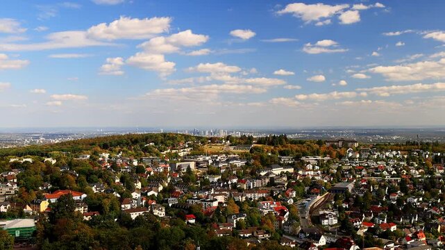 the cityscape of koenigstein im taunus and frankfurt from far in germany 4k video