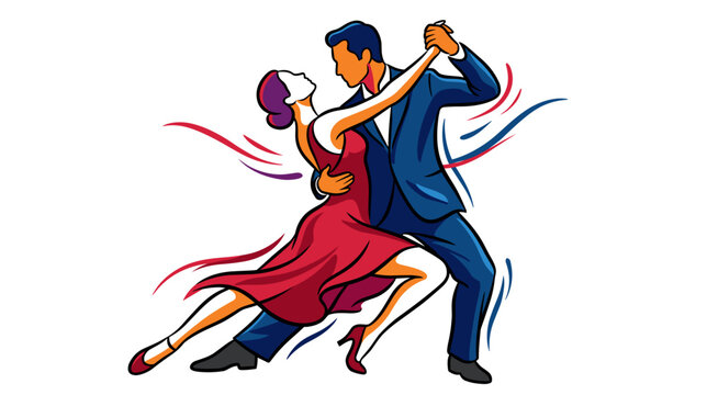 Dynamic Argentine tango couple performing a sweeping dance pose with flowing red dress and vivid red blue and gold motion strokes on white background