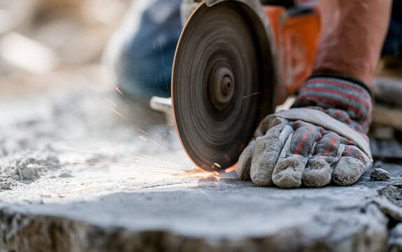 A view of a construction employee using a power saw to cut a concrete surface. An industrial circular saw blade grinding cement as part of demolition work. Home repair and remodeling project