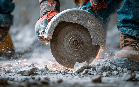 A view of a construction employee using a power saw to cut a concrete surface. An industrial circular saw blade grinding cement as part of demolition work. Home repair and remodeling project