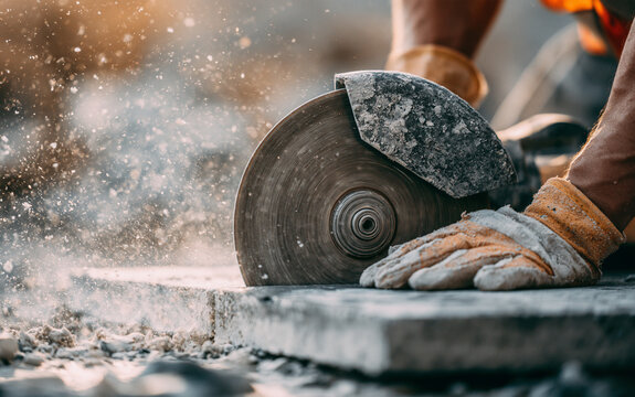 A view of a construction employee using a power saw to cut a concrete surface. An industrial circular saw blade grinding cement as part of demolition work. Home repair and remodeling project