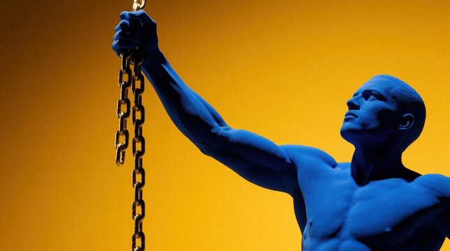 Blue muscular man breaks heavy gold chains in studio. Concept art shows male figure overcoming struggle, finding freedom. Strong body represents power, strength, liberation. Dramatic lighting creates