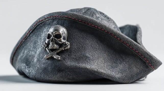 Black pirate tricorne hat with 3D skull emblem on a white background, classic costume accessory for pirate-themed events and cosplay.