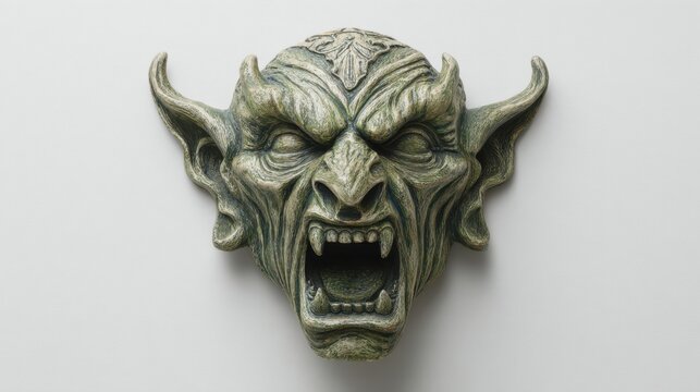 Green vampire monster Halloween mask on a white background, detailed spooky costume accessory for Halloween and themed parties.