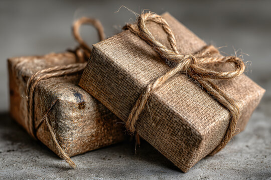 Two brown gift boxes wrapped with jute twine resting on gray surface