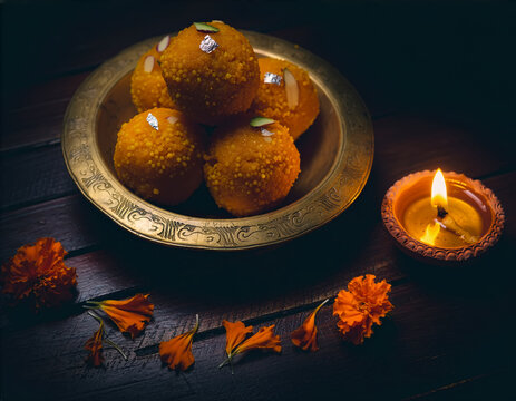 Diwali Sweets Ladoo On Brass Plate With Marigolds And Lit Diya For Festive Offering