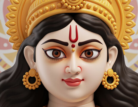 Close-Up Portrait of Durga Idol With Golden Crown, Traditional Makeup and Serene Expression