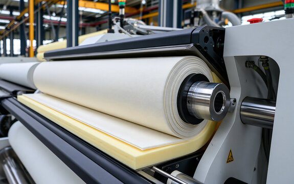 Molten hotmelt adhesive bonds fabric, foam layers in continuous roll to roll manufacturing process. Industrial machine ensures material integration