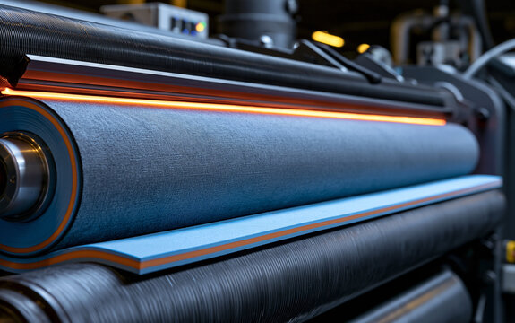 Molten hotmelt adhesive bonds fabric, foam layers in continuous roll to roll manufacturing process. Industrial machine ensures material integration