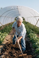 Fototapeta premium Senior woman working in greenhouse tending soil with a hoe for organic farming and sustainable gardening background for agricultural and gardening projects