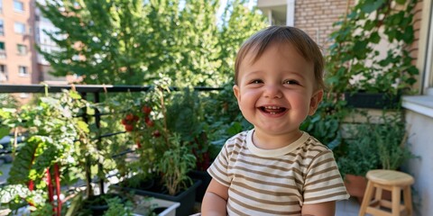 Fototapeta premium Happy toddler on a sunny balcony garden with potted plants and tomatoes for family lifestyle background and banner design