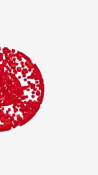 Red modular cubes form a dynamic fragmented sphere segment along the side on bright white backdrop in a vertical 3D animation