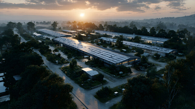 A vast warehouse complex showcases solar panels reflcting sunlight, nestled amng trees and grassy areas uring a picturesque sunsetin an industrial zone