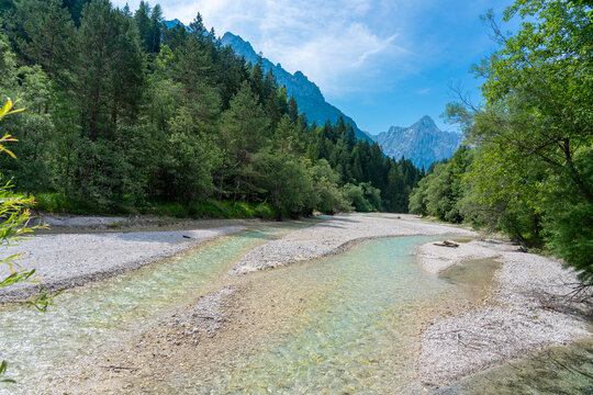 Crystal clear alpine river near Kranjska Gora Slovenia