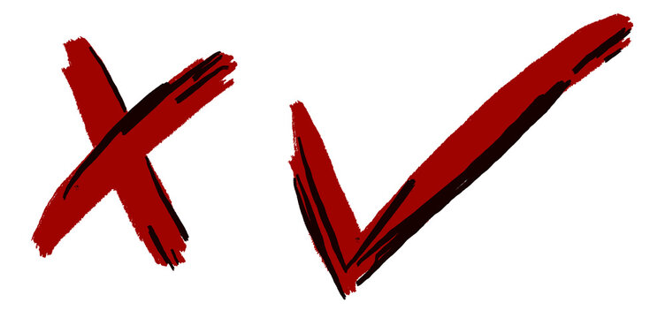 Checkmark and Cross Mark Icons: A bold red checkmark signifies approval, while a red cross mark represents rejection, presented side-by-side for clear contrast.