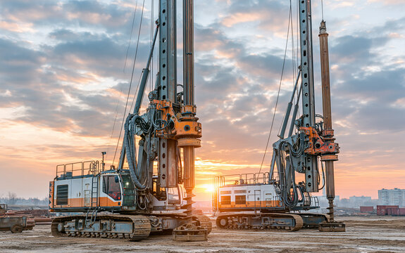 Two large drilling rigs standing ready on a construction site, symbolizing heavy industry, engineering, and foundation work