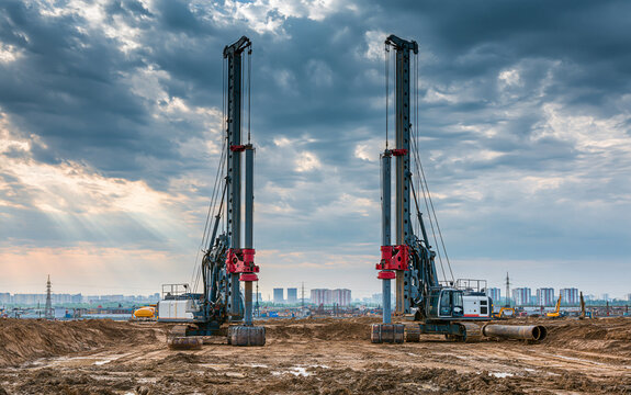 Two large drilling rigs standing ready on a construction site, symbolizing heavy industry, engineering, and foundation work