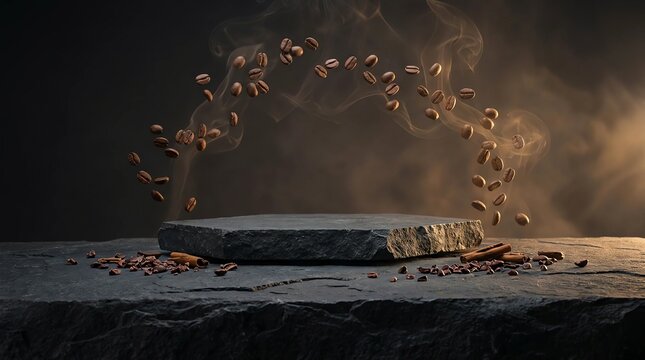 Roasted coffee beans floating around a natural stone podium with aromatic steam, creating a dramatic premium coffee product display and advertising background