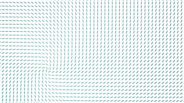 Teal green dashed line vectors curl in a fluid swirling pattern over a clean white background in a 3D motion graphic