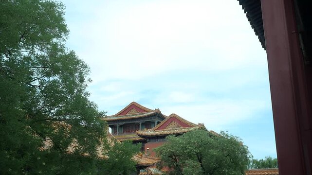 Traditional Imperial Architecture Surrounded by Trees in the Forbidden City, Beijing, China