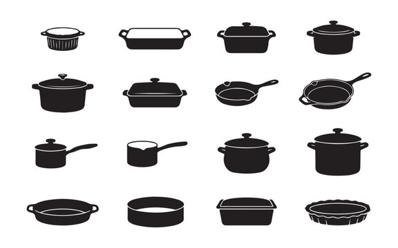 Kitchenware cooking pot pan collection black silhouettes for professional culinary design templates.