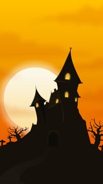 Animated spooky haunted castle silhouette under glowing full moon with flying bats representing Halloween horror mystery. (loopable)