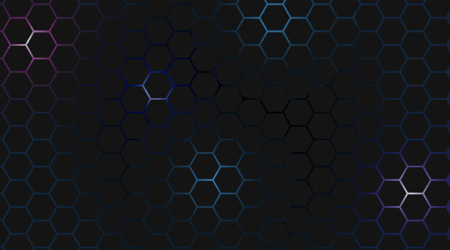 Abstract hexagon pattern on dark neon background. Modern futuristic geometric shape. Technology mosaic style. Honeycomb design. Vector