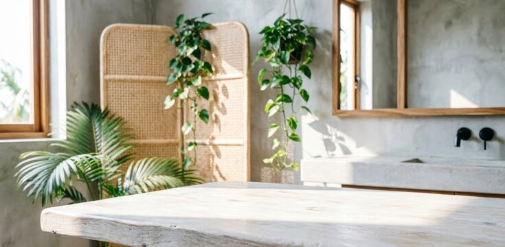 Minimalist Bathroom Interior With Cane Screen And Hanging Plants For Home Design