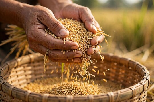 Hands threshing golden paddy rice grains into woven basket on Indian farm closeup