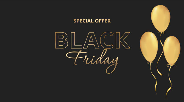 Black Friday in gold color. Air gold balloons. Special offers and sale. Discount. Dark background. Vector
