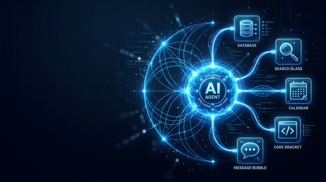 AI Agent Hub Concept With Central Circle and Radial Connections to Database Search Calendar Code and Message Icons