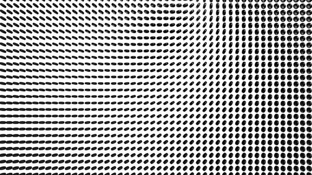 Abstract black discs rotate across a white surface in a wave pattern creating an optical pattern in a 3D animation