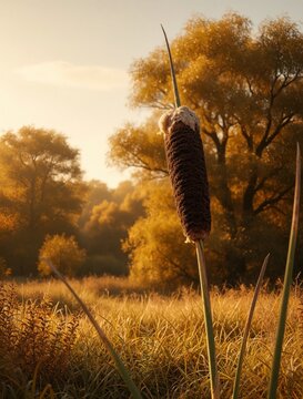 Close up of dry bulrush seed head in autumn wetland. Brown cattail plant grows in marshland field under warm sunset light. Golden trees, wild grass create peaceful nature background. Dried reed
