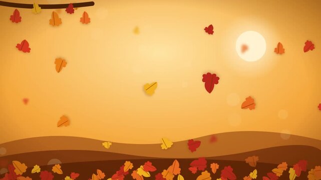 An autumn background with falling leaves and bright sun