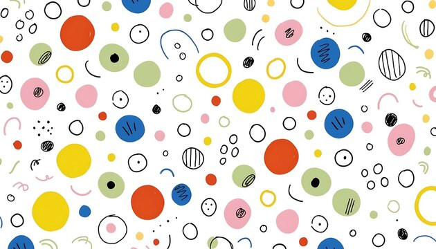 Playful seamless pattern of hand-drawn colorful circles, rings, dots, imperfect doodle shapes arranged in a lively repeating composition, cheerful primary pastel tones, clean minimalist illustration