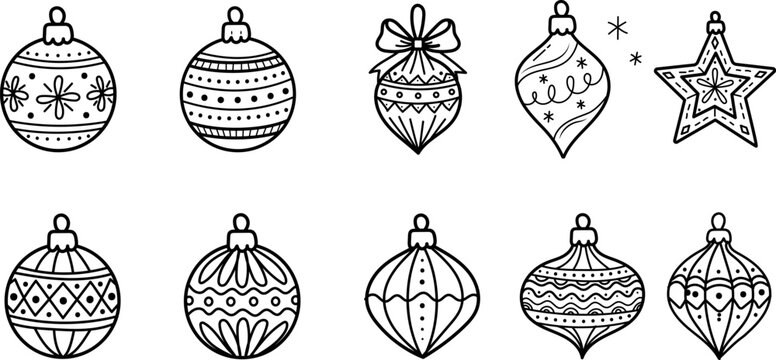 Hand drawn Christmas bauble light ornament vector set. Black and white line art, doodle Christmas tree hanging decoration.
