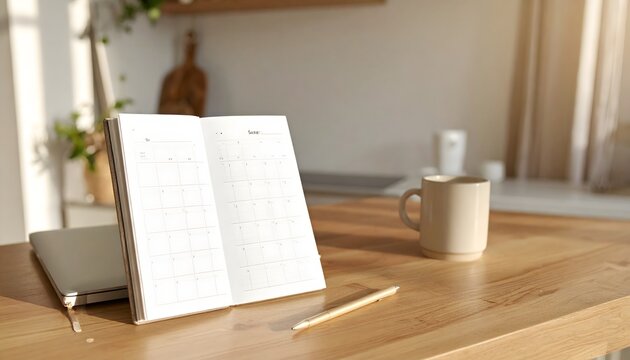 Agenda abierta con bol&iacute;grafo y taza sobre mesa de madera