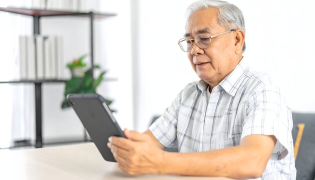 Hombre mayor utilizando una tableta digital en un interior luminoso