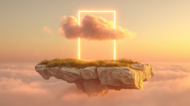 Floating island with glowing square and cloud