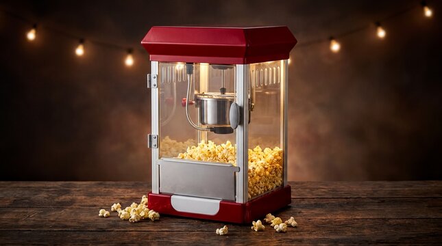 Vintage Popcorn Maker, A glossy red retro popcorn machine sits on a rustic wooden table