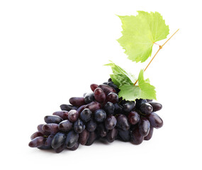 Naklejka premium Bunch of fresh ripe grapes with green leaves isolated on white